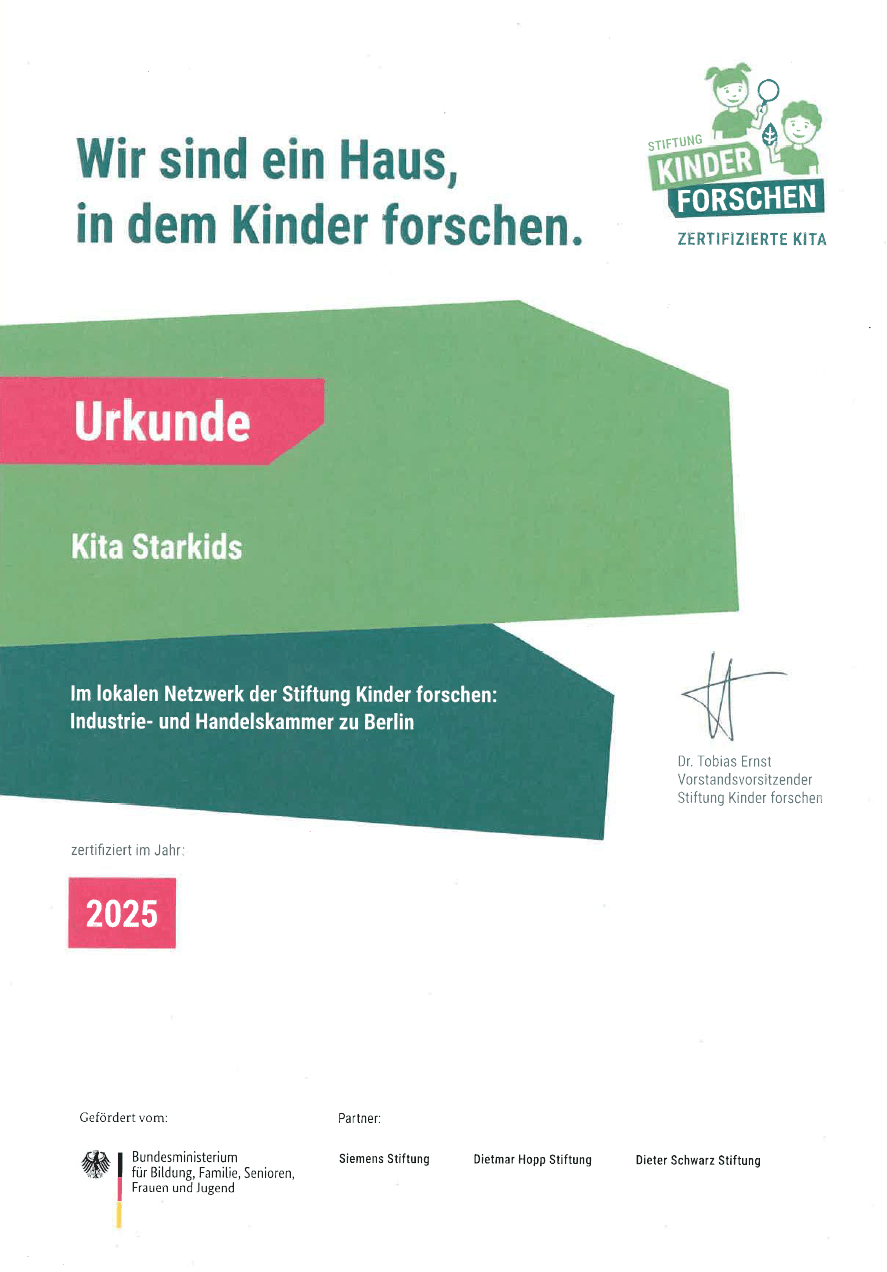 Zertifikat 'Haus, in dem Kinder forschen' der Stiftung Kinder forschen